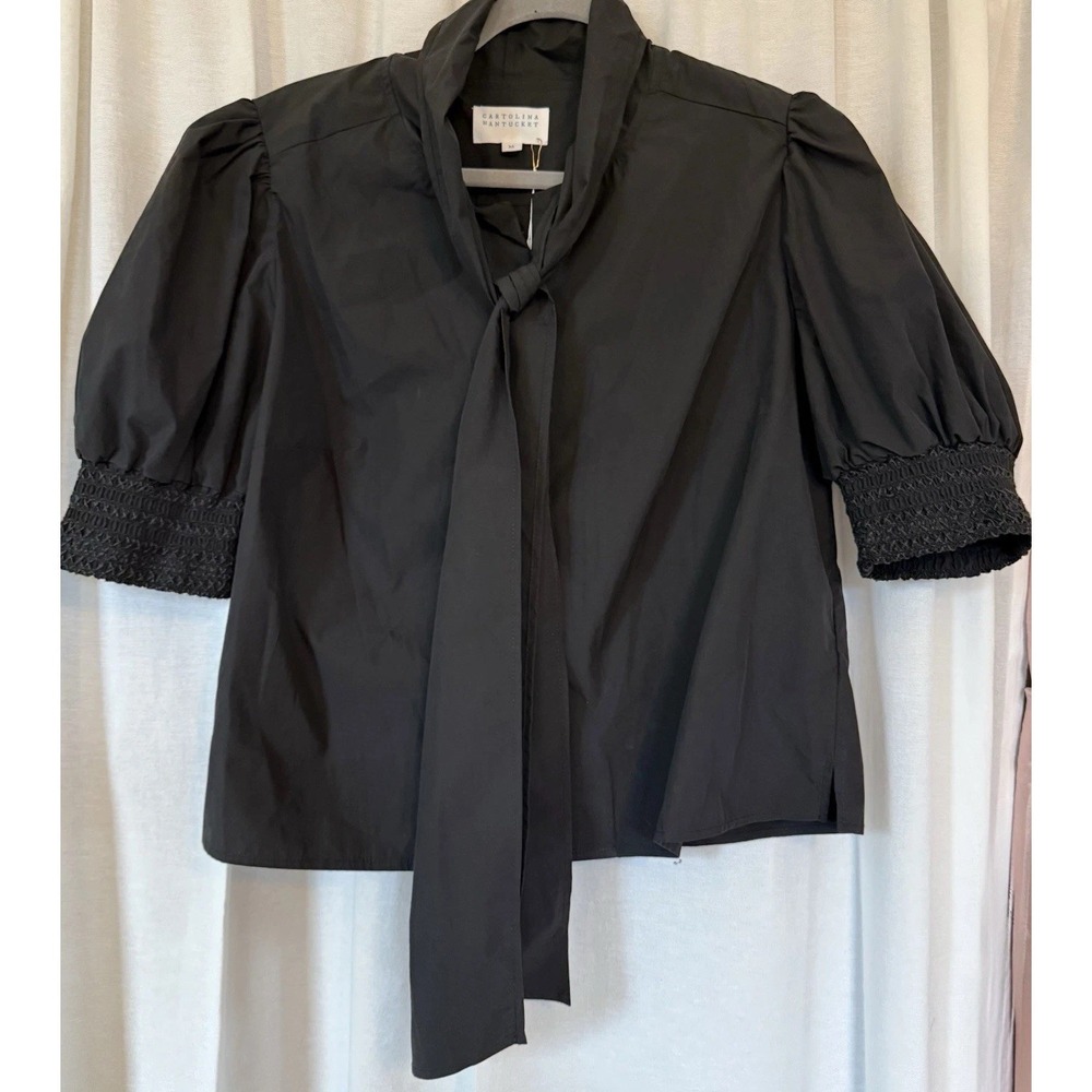Cartolina Nantucket Detailed black blouse women's Short Sleeve Bow tie Smocked